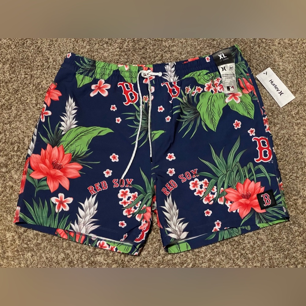 Boston Red Sox Hurley 47 Brand  Aloha Hawaiian Floral Swim Trunks Men Sz XL NEW